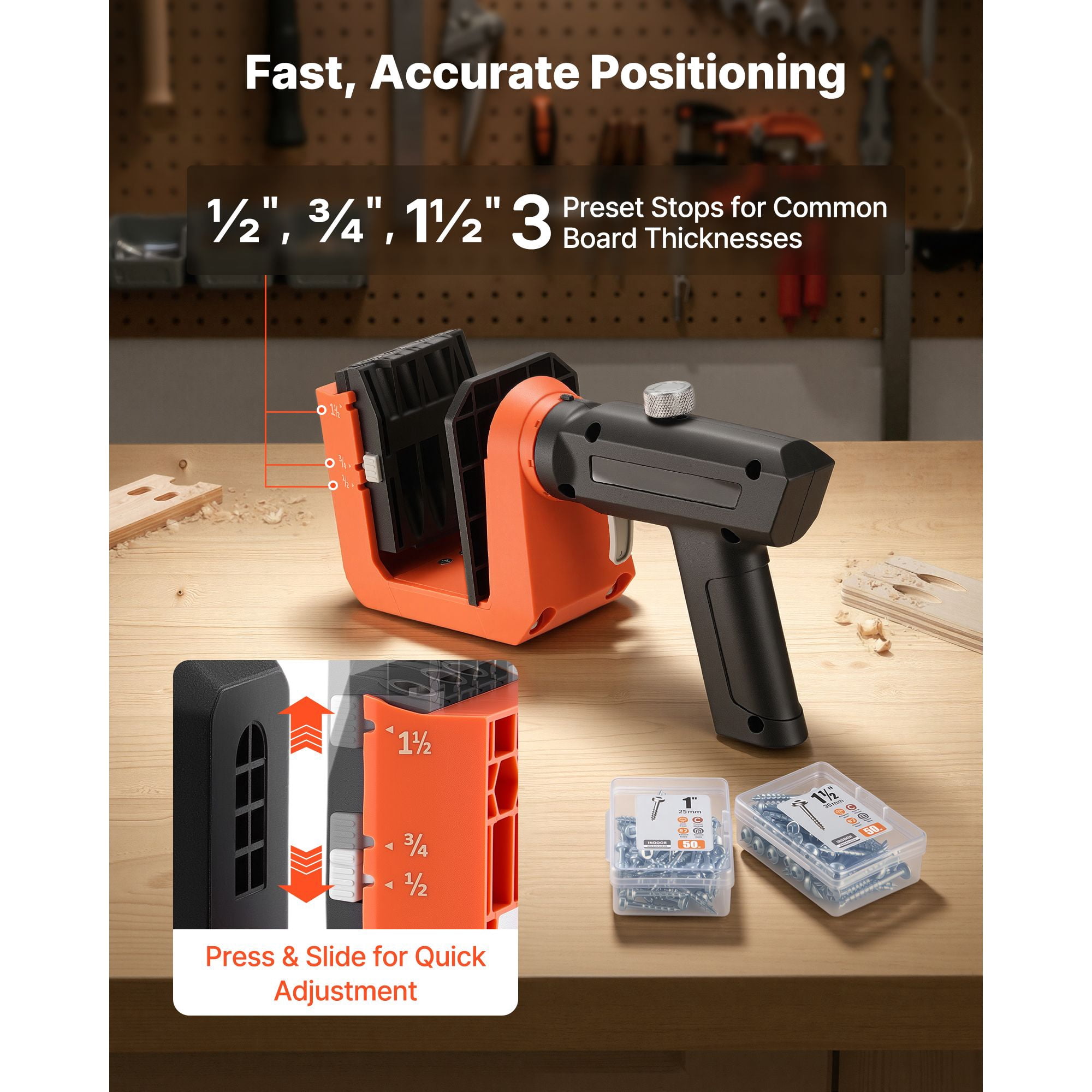 Pocket Hole Jig Kit, 1/2", 3/4", 1-1/2" Adjustable, 360 °   Rotating Handle, Jig Pocket Hole System with 260 Screws, C-Clamp, Stop Collar, Drill Bit, Easy Clamping and Adjusting, for Woodworking