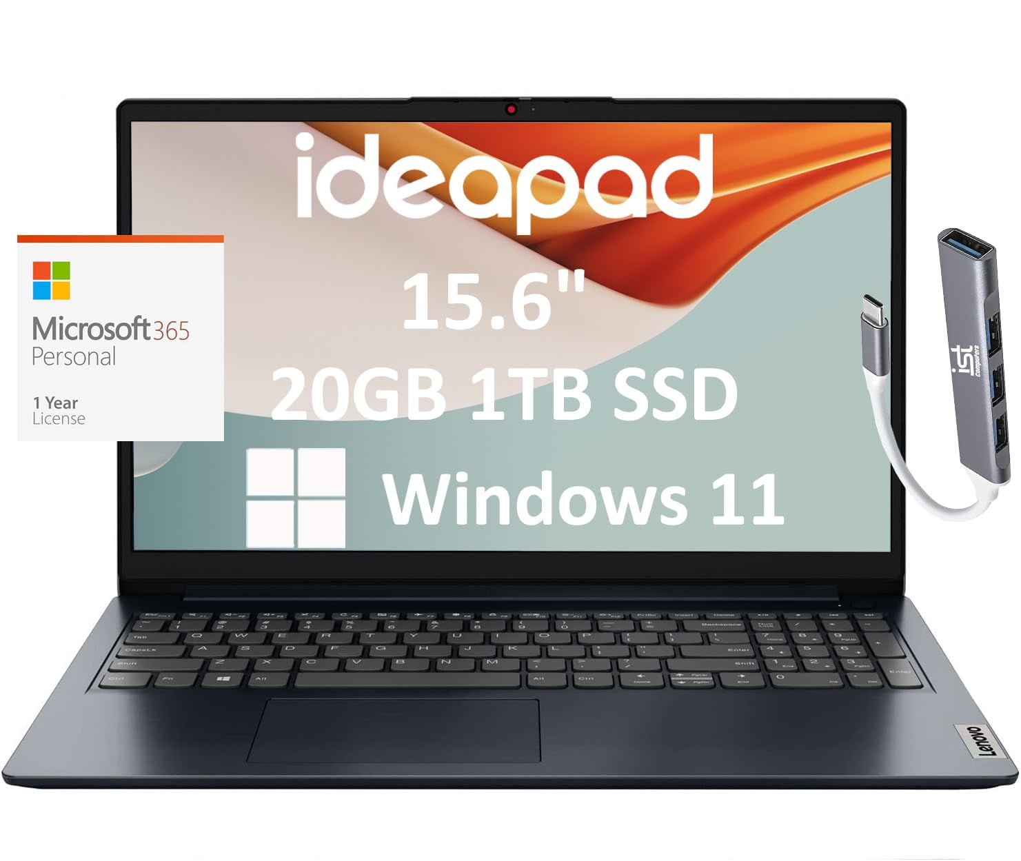 Lenovo IdeaPad 1 Home & Student Laptop (15.6" HD Anti-Glare, 20GB RAM, 1TB SSD, 1 Year Office 365, Intel Dual Core Processor) Numeric Keypad, Webcam, Wi-Fi 6, HDMI, Win 11 Home In