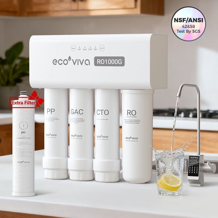 Ecoviva ER1000 Under-Sink RO System with Extra PP Filter, 8-Stage Filtration, 3:1 Pure-to-Drain Filter, LED Smart Faucet, White