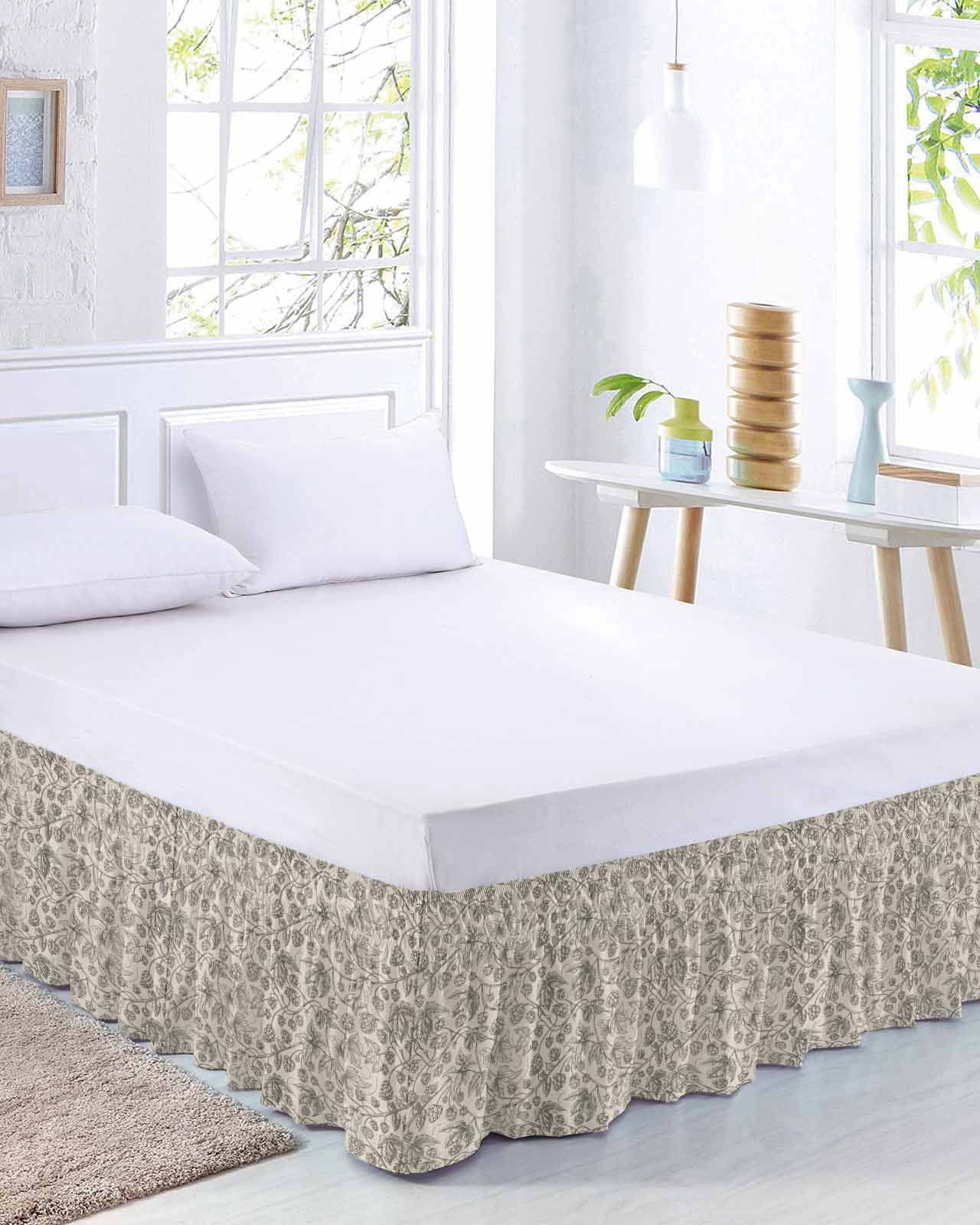 Vintage Plants Flowers Bed Skirt Queen Size 18 Inch Drop, Floral Thread Texture Adjustable Elastic Dust Ruffles Bedskirt for Queen Bed Wrap Around Pleated Mattress Frame Cover