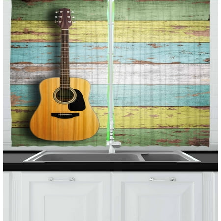 Music Curtains 2 Panels Set, Acoustic Guitar on Colorful Painted Aged Wooden Planks Rustic Country Design Print, Window Drapes for Living Room Bedroom, 55W X 39L Inches, Multicolor, by (Best Paint For Wooden Windows)
