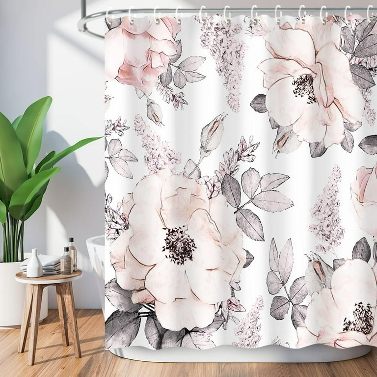 Joocar Pink Gray Flower Shower Curtain, Watercolor Floral Shower Curtains with Hooks White Grey Fabric Blossom Bathroom Decor Machine Washable, 72