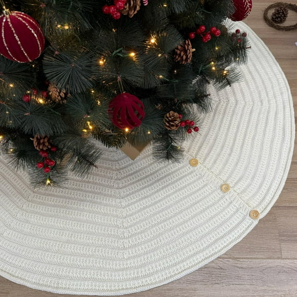 60-Inch Rib Knit Christmas Tree Skirt with Oak Buttons, Cream White