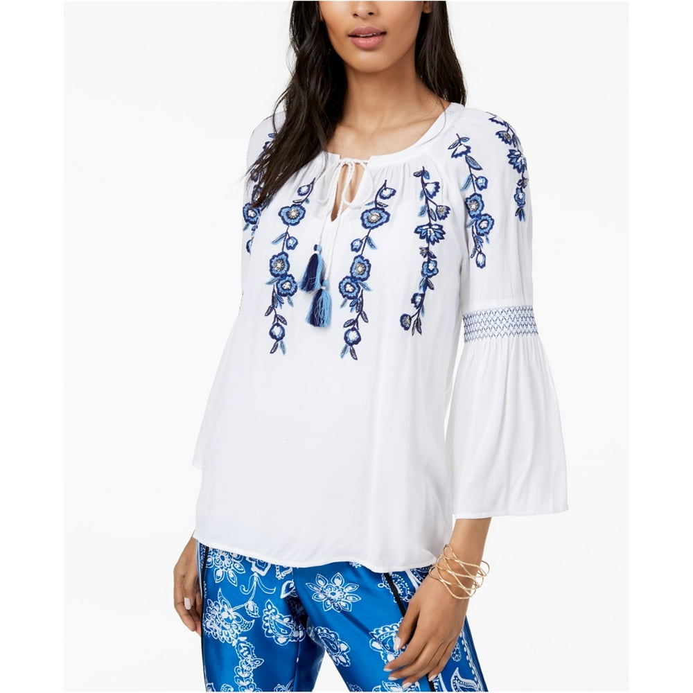 INC INC Womens Embroidered Peasant Blouse, White, Medium