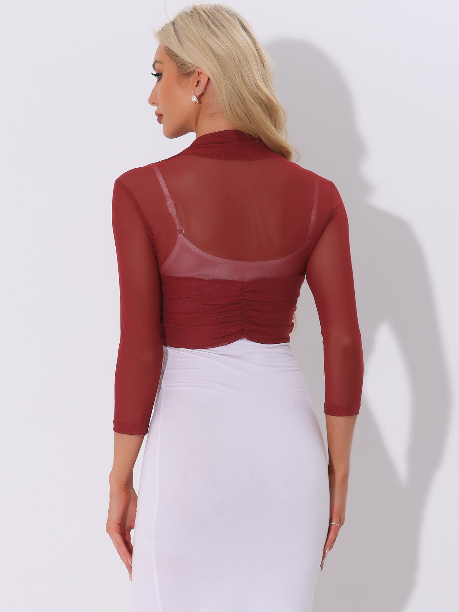 DARING DIVA Semi Sheer Elegant 3/4 Sleeves Blouse M Deep Red