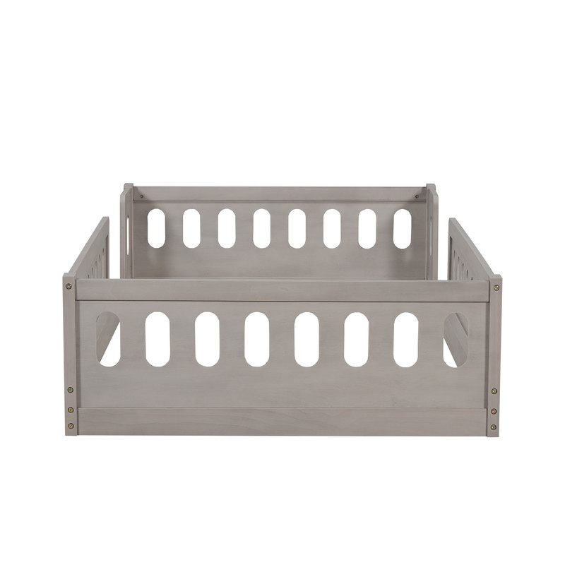 Twin Size Low Profile Platform Bed with Guardrails, Wooden Montessori Kids Floor Bed without Support Slat