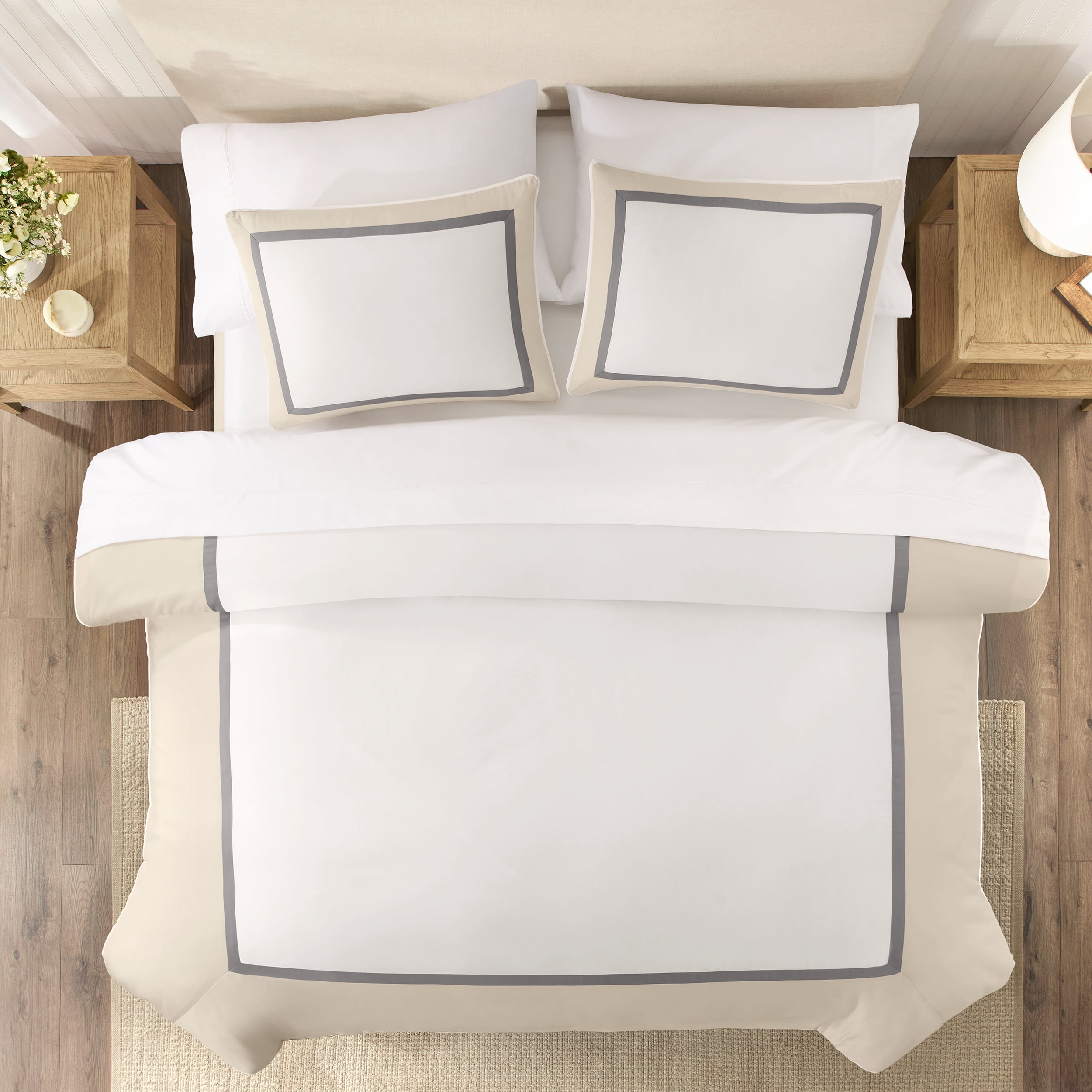 Wamsutta 1846 Cotton Tencel 3-Piece Oatmeal Henley Border Comforter Set, Full/Queen