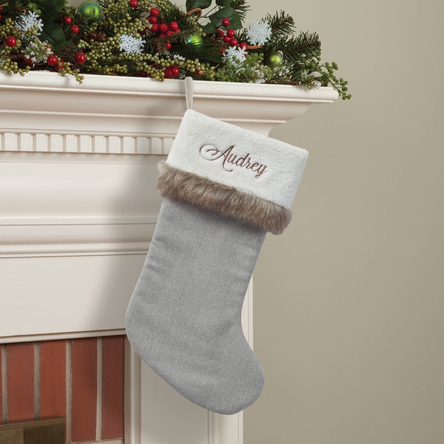 Personalized Herringbone Christmas Stocking With Fur Trim