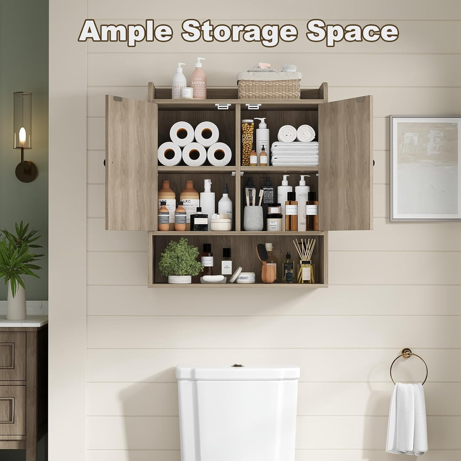 POAO Bathroom Wall Storage Cabinet, Wooden Medicine Cabinet with Adjustable Shelves and Double Barn Doors, Over The Toilet Storage Cabinet, Oak Grey