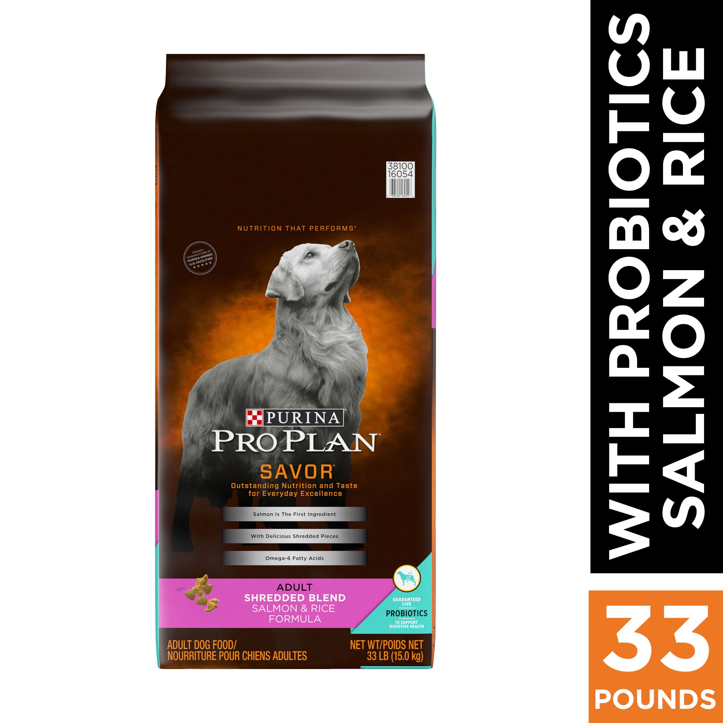Purina Pro Plan With Probiotics Dry Dog Food, SAVOR Shredded Blend Salmon & Rice Formula, 33 lb