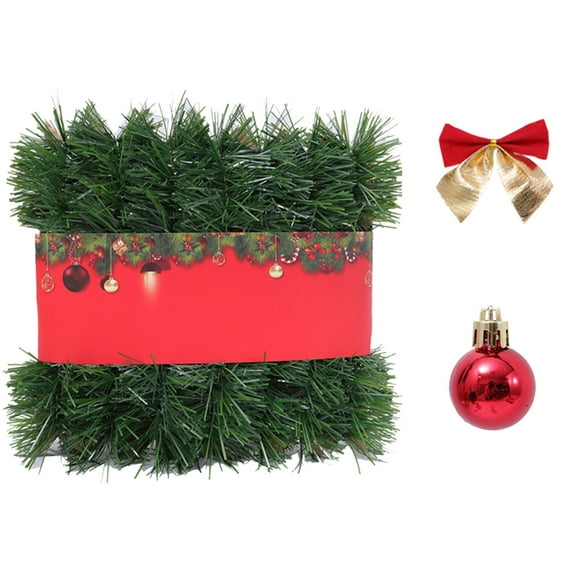 Christmas Garland with Bows and Ornaments | 16.4ft Green Plastic Pine Garlands | Includes 12 Red Bows & 12 Gold Balls | Indoor Outdoor Holiday Decor for Home Mantle Staircase
