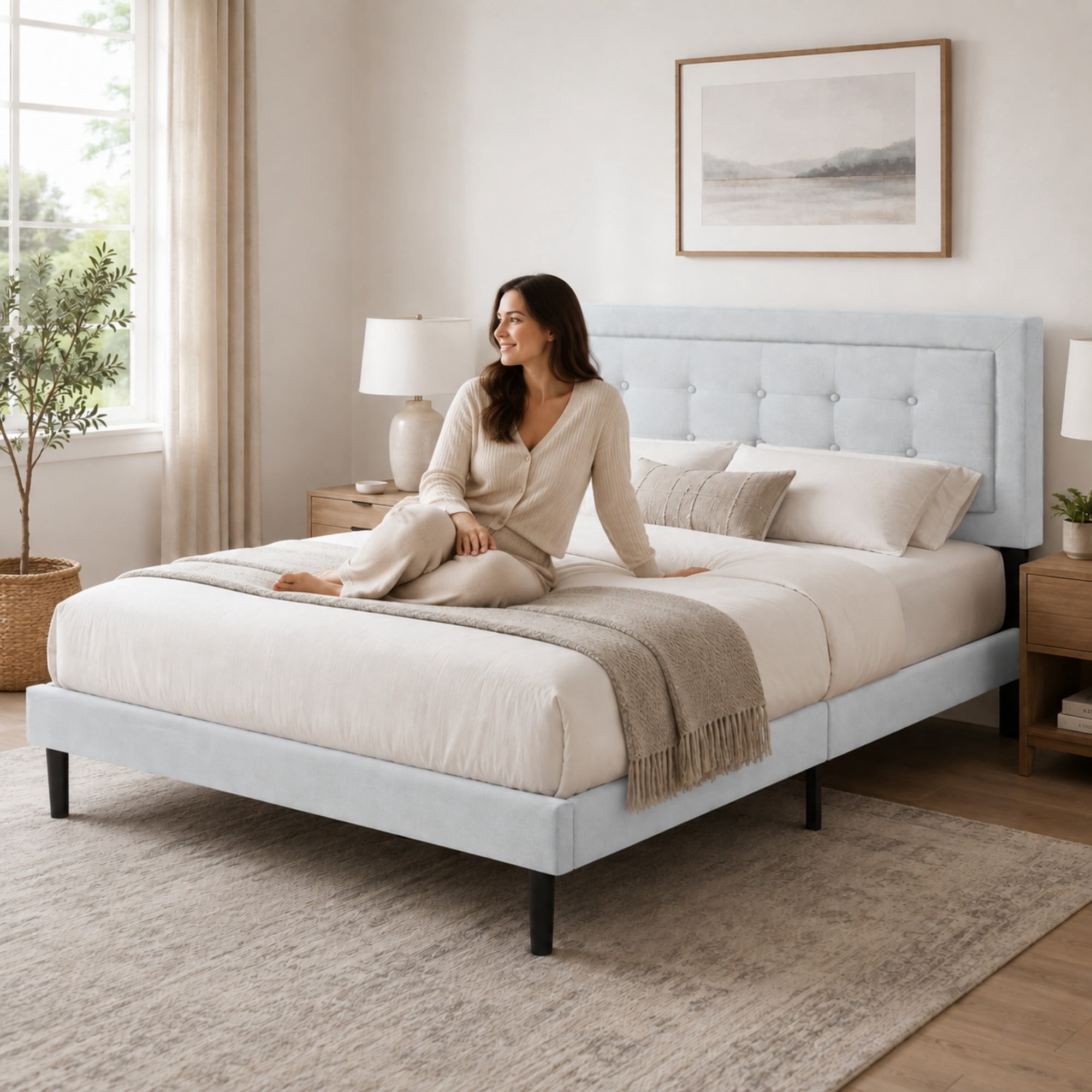 BSHTI Full Size Upholstered Platform Bed Frame with Square Tufted Headboard, Solid Wood Frame, 10 Wood Slats, No Box Spring Needed（Light Gray）