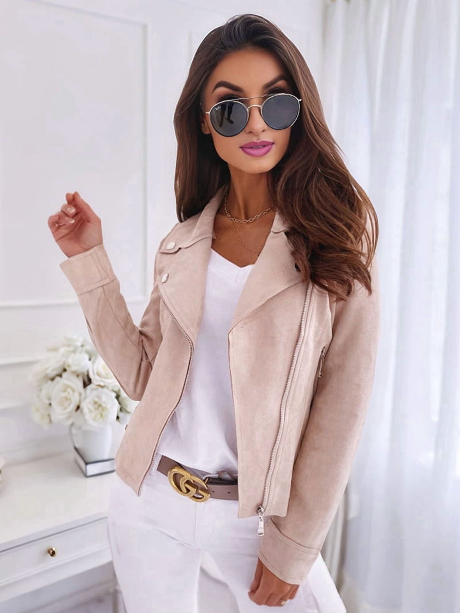 Women'S Faux Leather Jackets Suede Spring Trendy Outfits 2025 Fall Zip Up Cropped Moto Jakcet Outerwear Apricot XXL