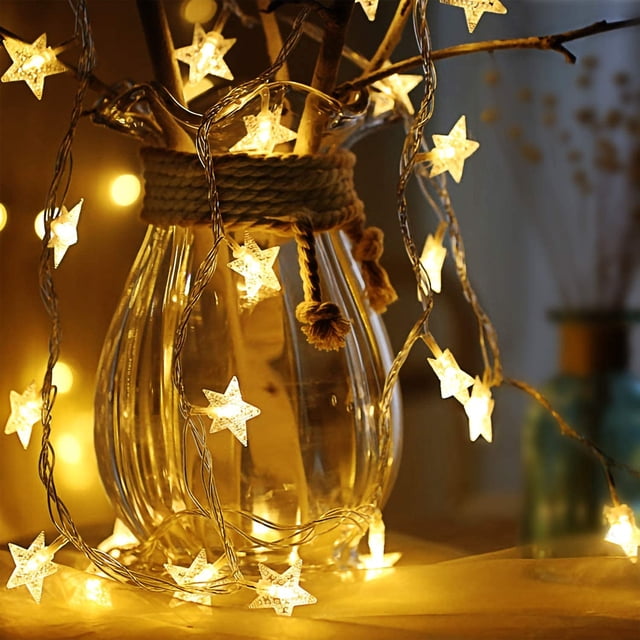 Guirnalda de luces con forma de estrella, 6 m, 40 unidades de luces LED con pilas, monocromáticas de dos modos y decoración brillante para relámpagos, dormitorio de Navidad, interior y exterior (blanco cálido) ER