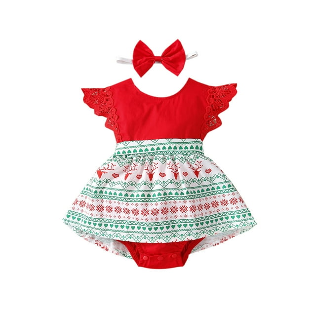 FOCUSNORM Baby Girls Christmas Clothes Set, Printed Short Romper+Bow-knot Headband