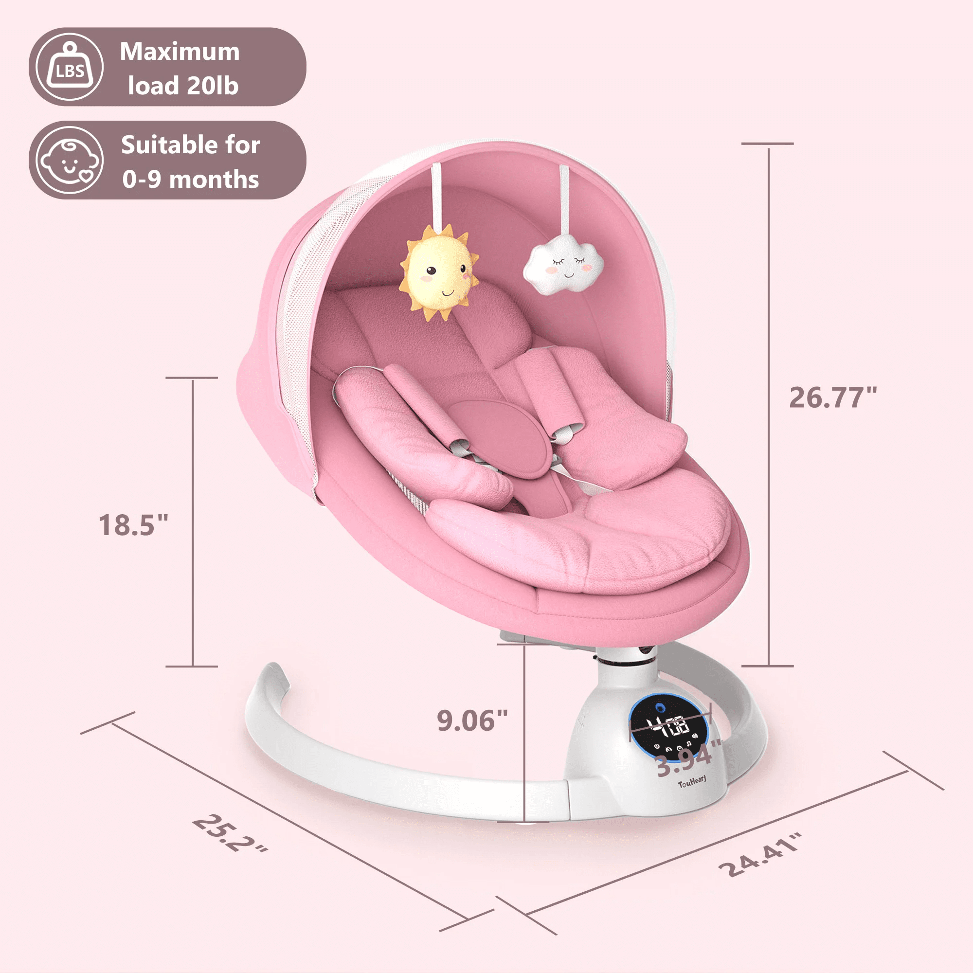 TouHeart Electric Baby Swing, Infant Rocker with Bluetooth & Remote,5 Speeds,10 Lullabies,3 Timing, Pink