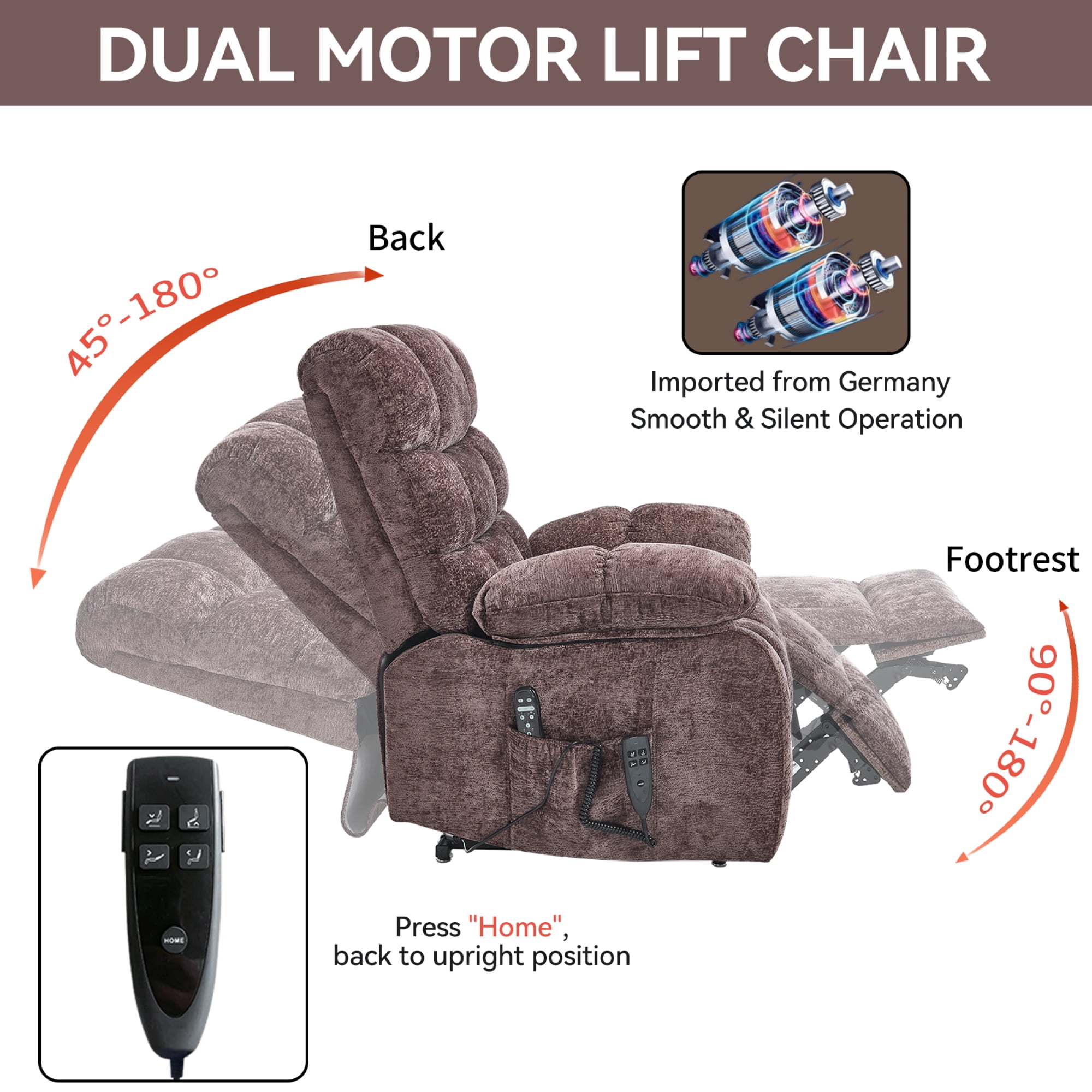 Leumius Large Power Lift Recliner Chair for Elderly,Heavy Duty Chenille Recliners with Massage and Heating for Living Room,Brown