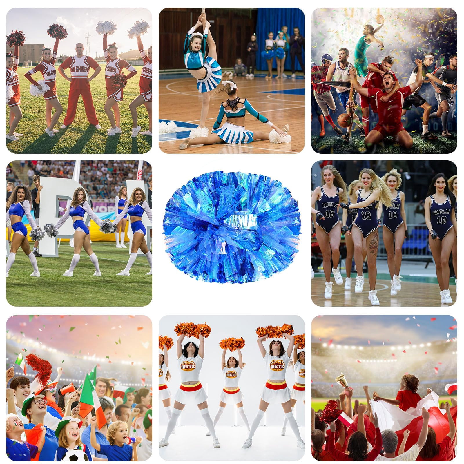 Cheerleading Pom Poms 22 Pcs with Handle Style, Handheld Squad Pompoms for Sports Team Cheer Spirit Games Dance Party Adults