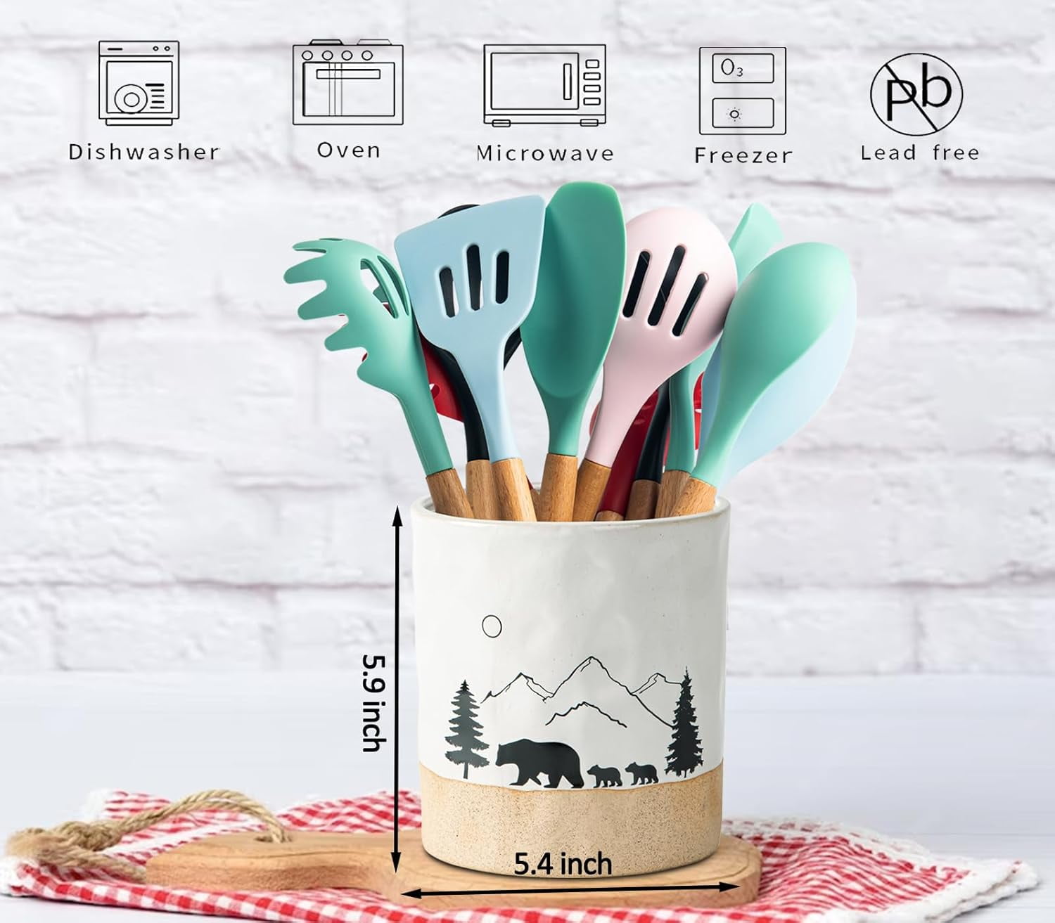 Bear Ceramic Kitchen Countertop Utensil Crock White Large Cooking Utensil Holder