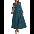 thumbnail image 3 of Vestido de Otoño Informal para Mujer, de Larga, Cuello en V, Cintura Elástica, Ligero, para Invitadas de Boda, con Bolsillos Verde Pavo Real S, 3 of 10