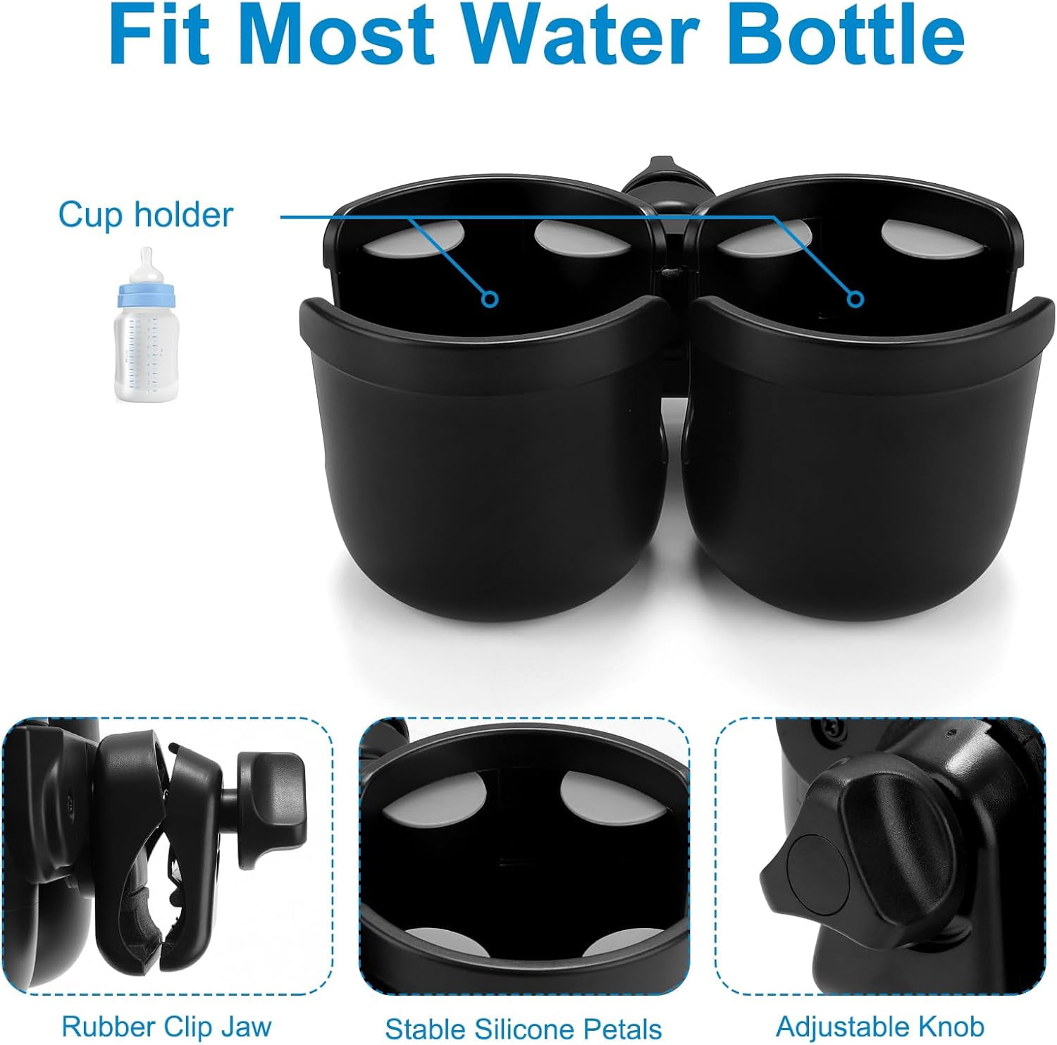 Stroller Cup Holder, Bike Cup Holder, Universal Cup Holder for Uppababy Nuna Doona Strollers, 2-in-1 Cup Phone Holder for Walker Wheelchair Scooter Accessory