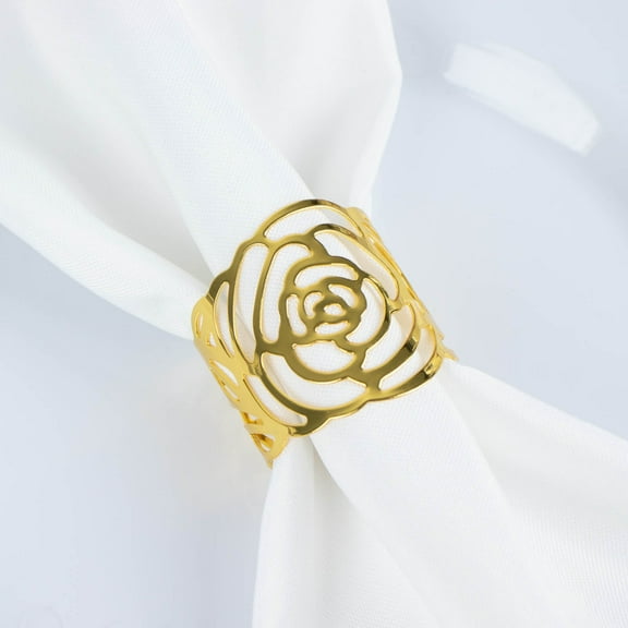 Efavormart 4 Pack | Shiny Gold Laser Cut Rose Metal Cuff Napkin Rings, Decorative Flower Napkin Holders