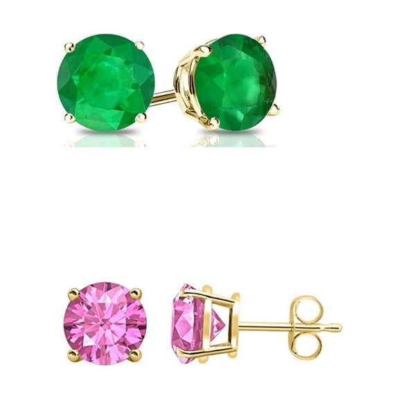 18k Yellow Gold 1/2Ct Created Emerald & Pink Sapphire 2 Pair Round Plated Stud Earrings by Paris Jewelry