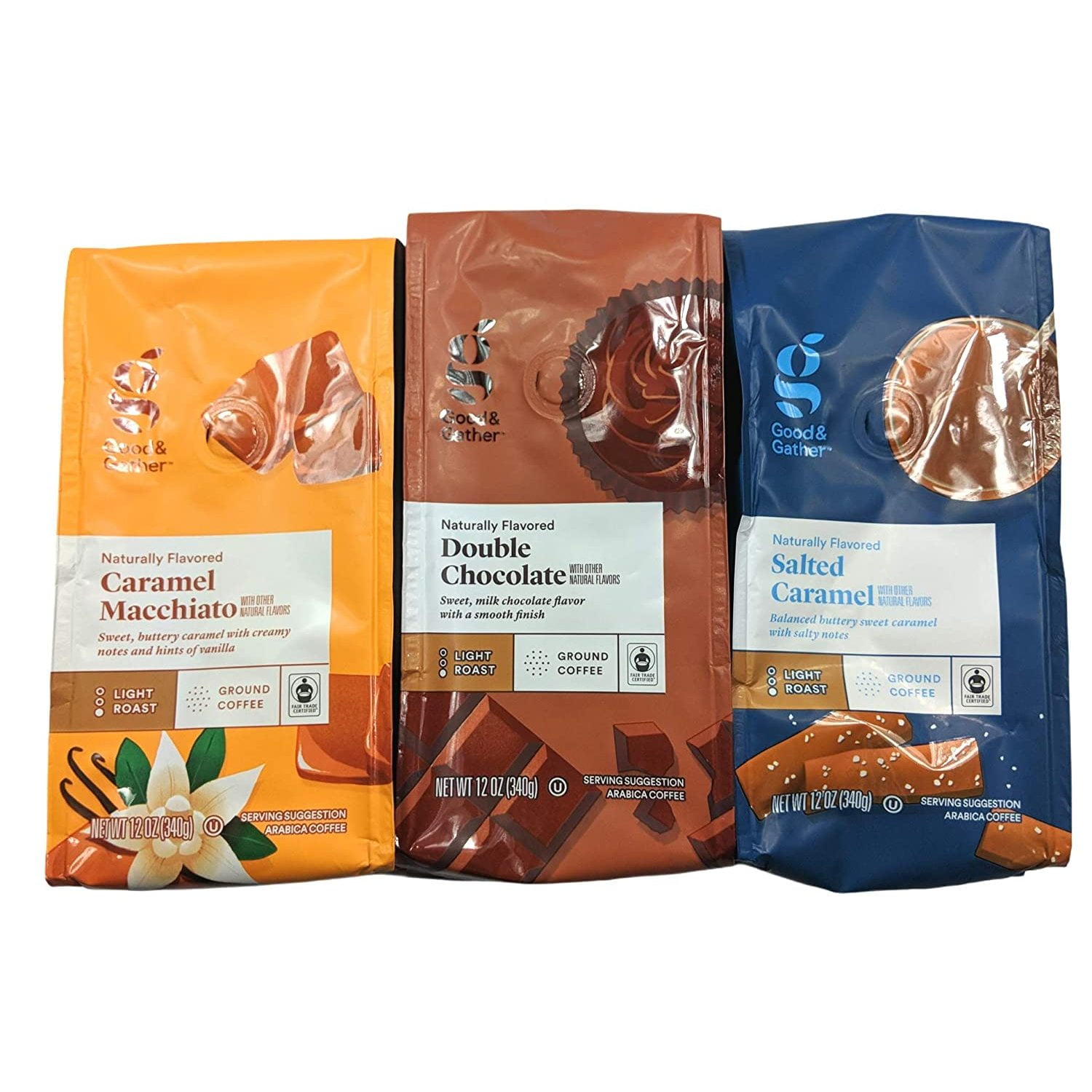 Good & Gather 3 Pack 12 oz Flavored Ground Coffee, Caramel Macchiato, Double Chocolate, Salted