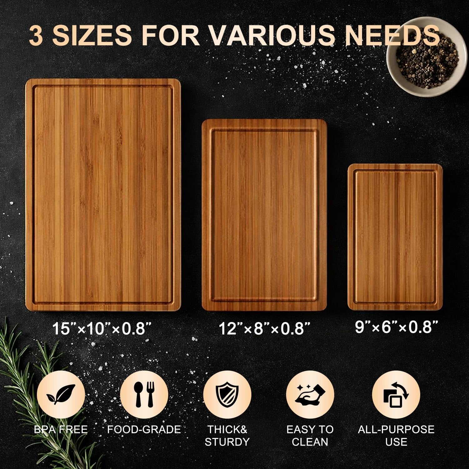 RGHJAR-3 Pack Bamboo Cutting Board Set with Non Slip Solid Wood Cutting Boards Non Toxic Chopping Board for Kitchen Small Cutting Board Non Plastic Charcuterie Boards Meat Healthy Bread Cutting Board