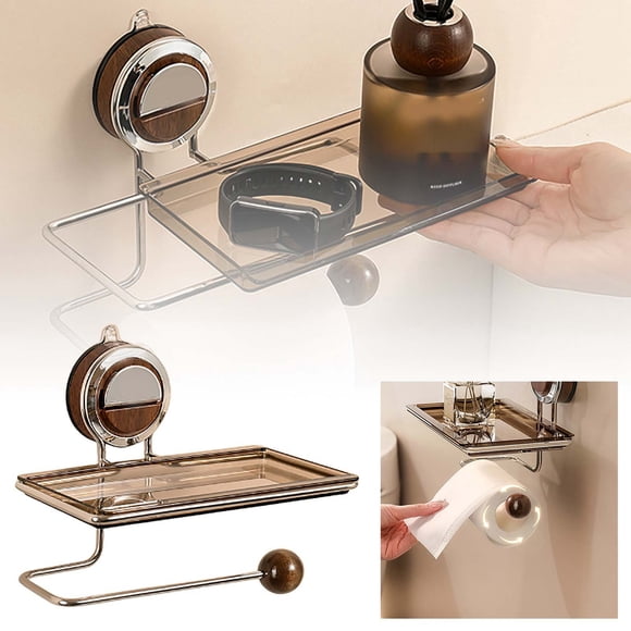 Wall Mounted Suction Cup Toilet Paper Holder with Walnut Perforation Design Household Bathroom Storage Rack Organizer