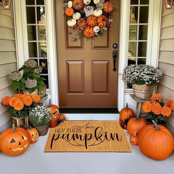 Fall Coco Coir Door Mat with Heavy Duty Backing, Large Hey There Pumpkin Doormat Outdoor Non-Slip Welcome Mat for Outside Entrance or Porch Entry, Thanksgiving Decor