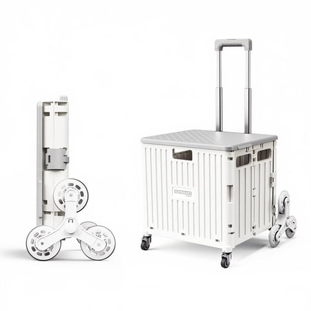 Viviendo Foldable Shopping Trolley, 65L Collapsible Utility Cart, Folding Portable Crate Handcart with Climbing Wheels and Metal Telescopic Handle - White