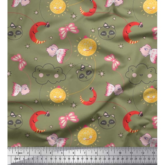 Soimoi Green Cotton Poplin Fabric Moon,Insect & Panda Face Kids Print Fabric by The Yard 42 Inch Wide