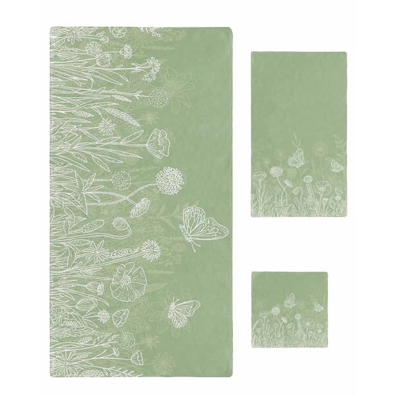 Sage Green Wildflowers Towel Set of 3, Soft Microfiber Bath Towels, Hand Towel, Washcloths, Modern Floral Butterfly Plant Quick-Dry Absorbent Towels for Bathroom Kitchen Hotel Beach Gym Spa