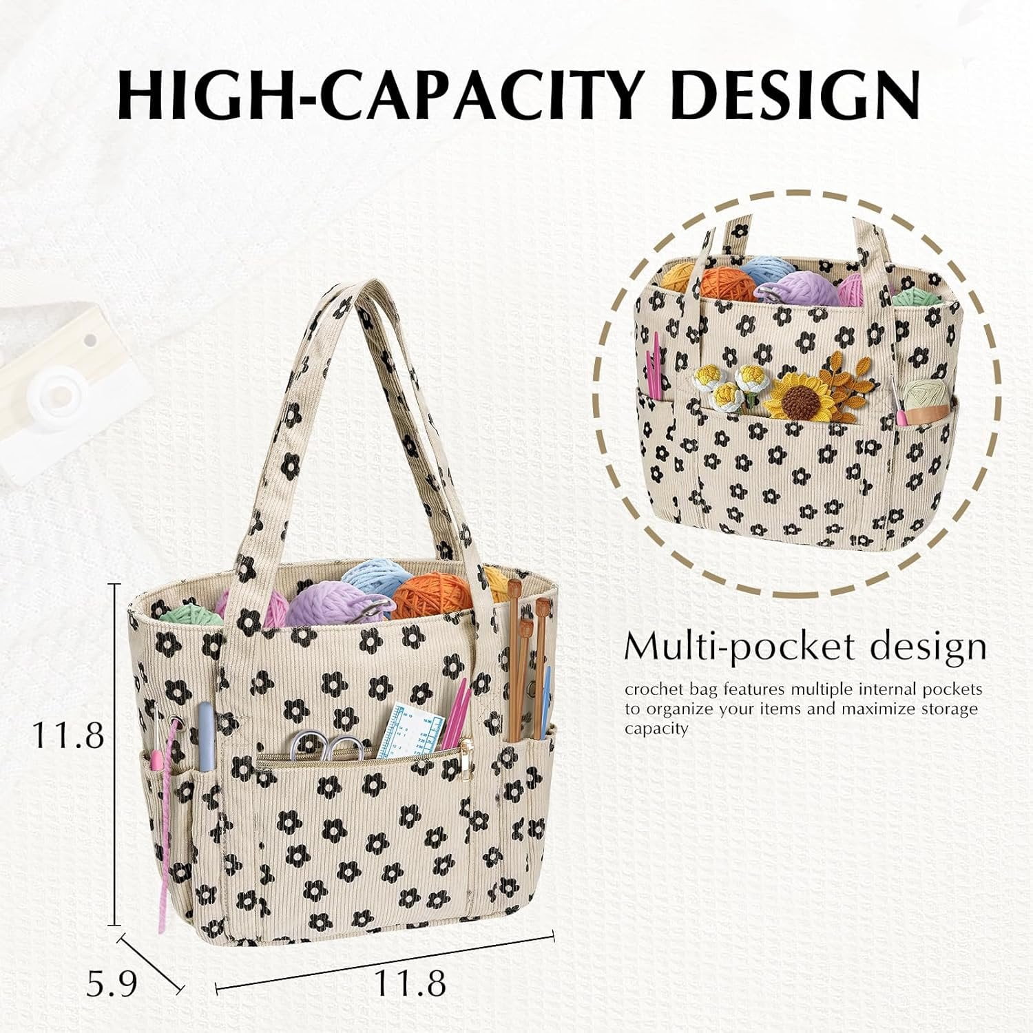 Crochet Bag, Corduroy Tote Bags with  Holders Grommets, Large Capacity Four Compartment Yarn Storage for Women