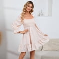 thumbnail image 2 of Women's Square Neck Lantern Long Sleeve Shirred Ruffle A Line Flowy Party Mini Dress, 2 of 5