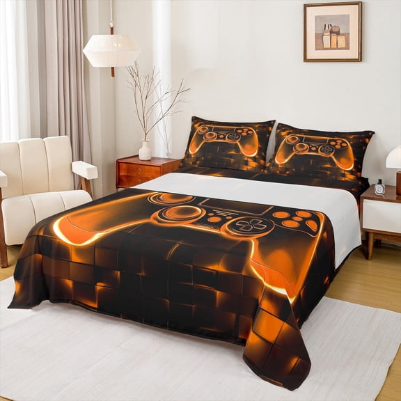 Manfei Gamepad Bed Sheets Twin for Teens, Square Geometric Twin Sheet Sets, Game Console Bedding Sets Twin Size, Ultra Soft Bedroom Decor, 3-Piece