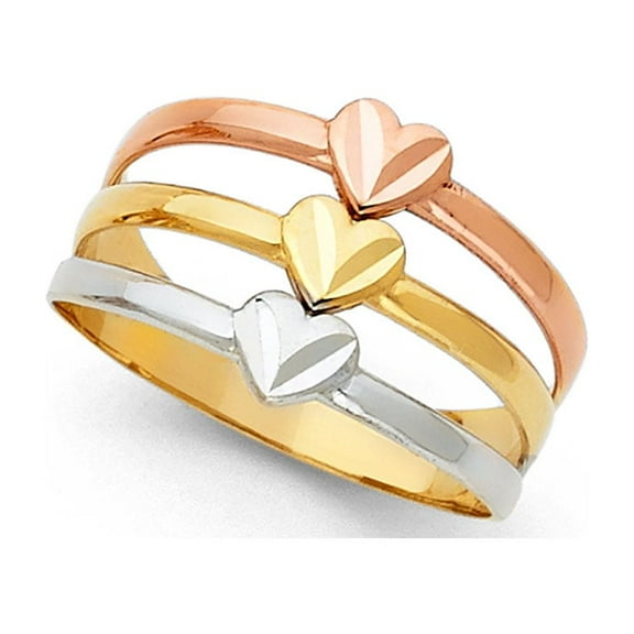 14k Yellow White Rose Gold Heart Semanario Ring Three Band Satin Diamond Cut Tri Color 12MM, Size 7