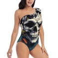 thumbnail image 3 of Uemuo Modern Hip-Hop Skull Print Women's One Piece Swimsuit Asymmetrical Neck Bathing Suit One Shoulder Side Cutout Ruffle Swimwear-Medium, 3 of 6