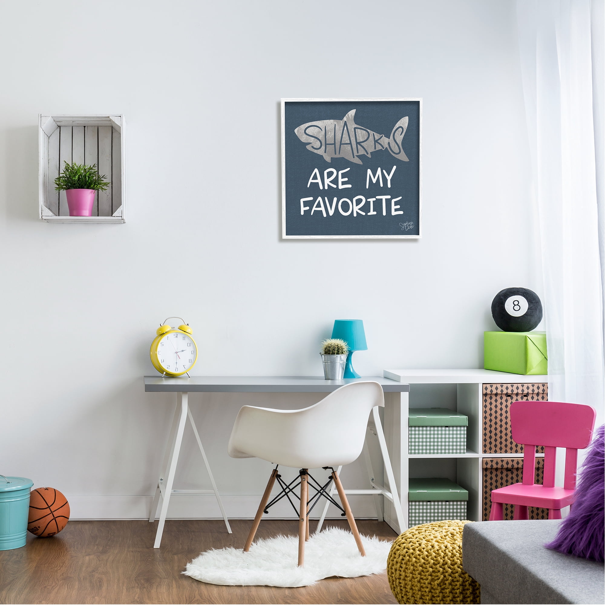 Stupell Industries Quirky Sharks Saying Text Maritime Blue Background Graphic Art White Framed Art Print Wall Art, 24x24, by Stehanie Dicks