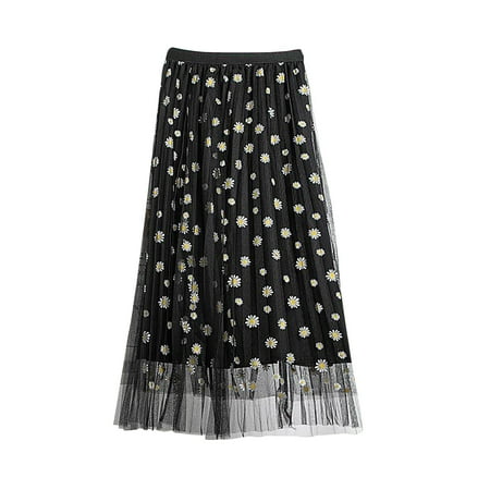 

LBECLEY Womens Dress Table Skirts Waist A-Linetulle Skirt Elastic Big Women Pleated Mesh Swing Overlay Floral Skirt Violet Skirt Long Dress for Women Black M