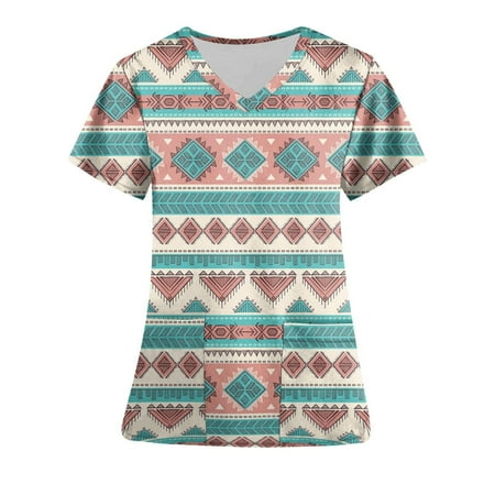 

womens summer tops 2023 Women s Fashion Short Sleeve V-Neck Tops Working Uniform Printing Pocket Blouse Tops T Shirts for Women With Pockets Light Blue S