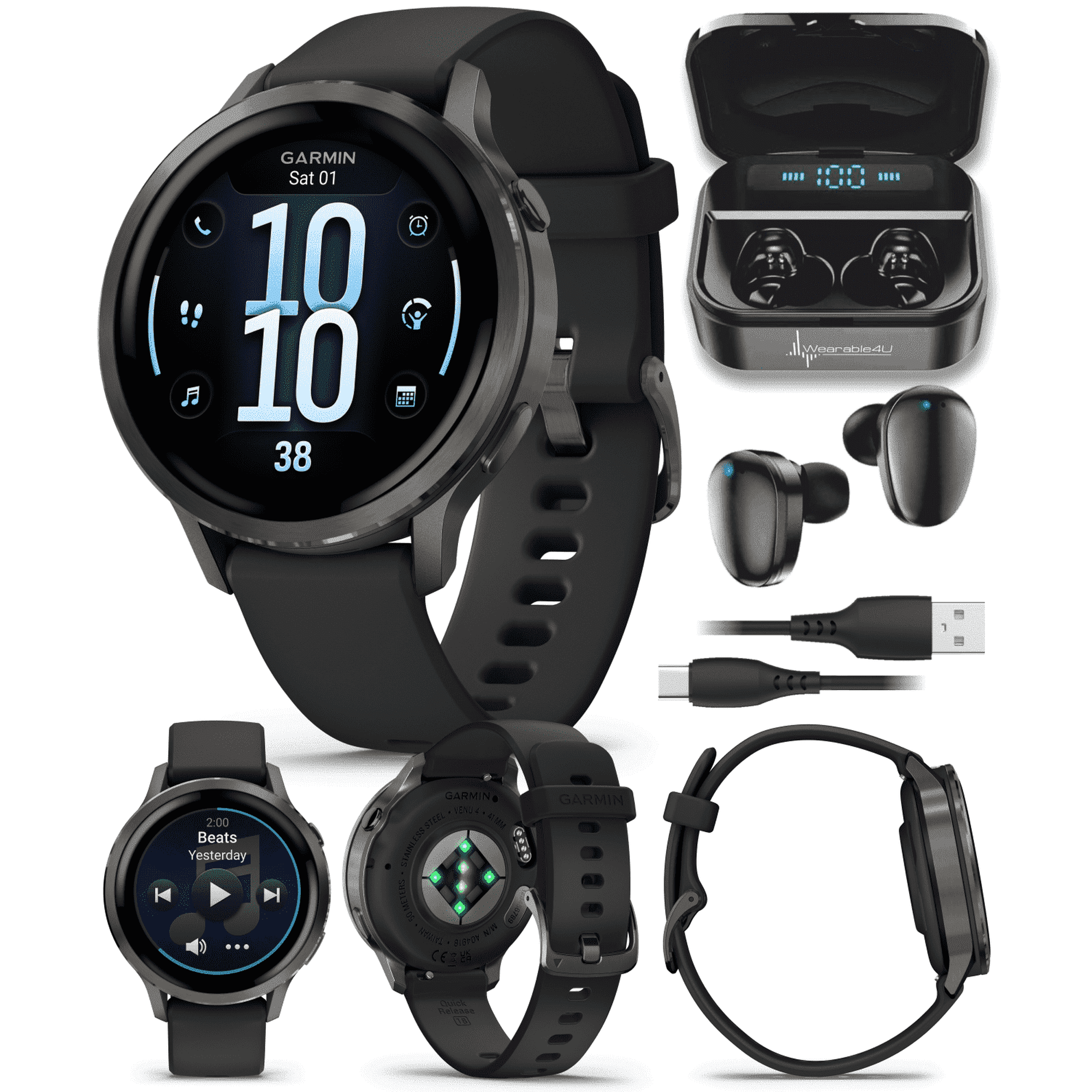 Garmin Venu 4 - 41mm AMOLED Advanced Health & Fitness GPS Smartwatch, Bright & Colorful Display, Built-in Flashlight, Up to 10 Days, Slate with Black Silicone Band w/Wearable4U Black EarBuds Bundle