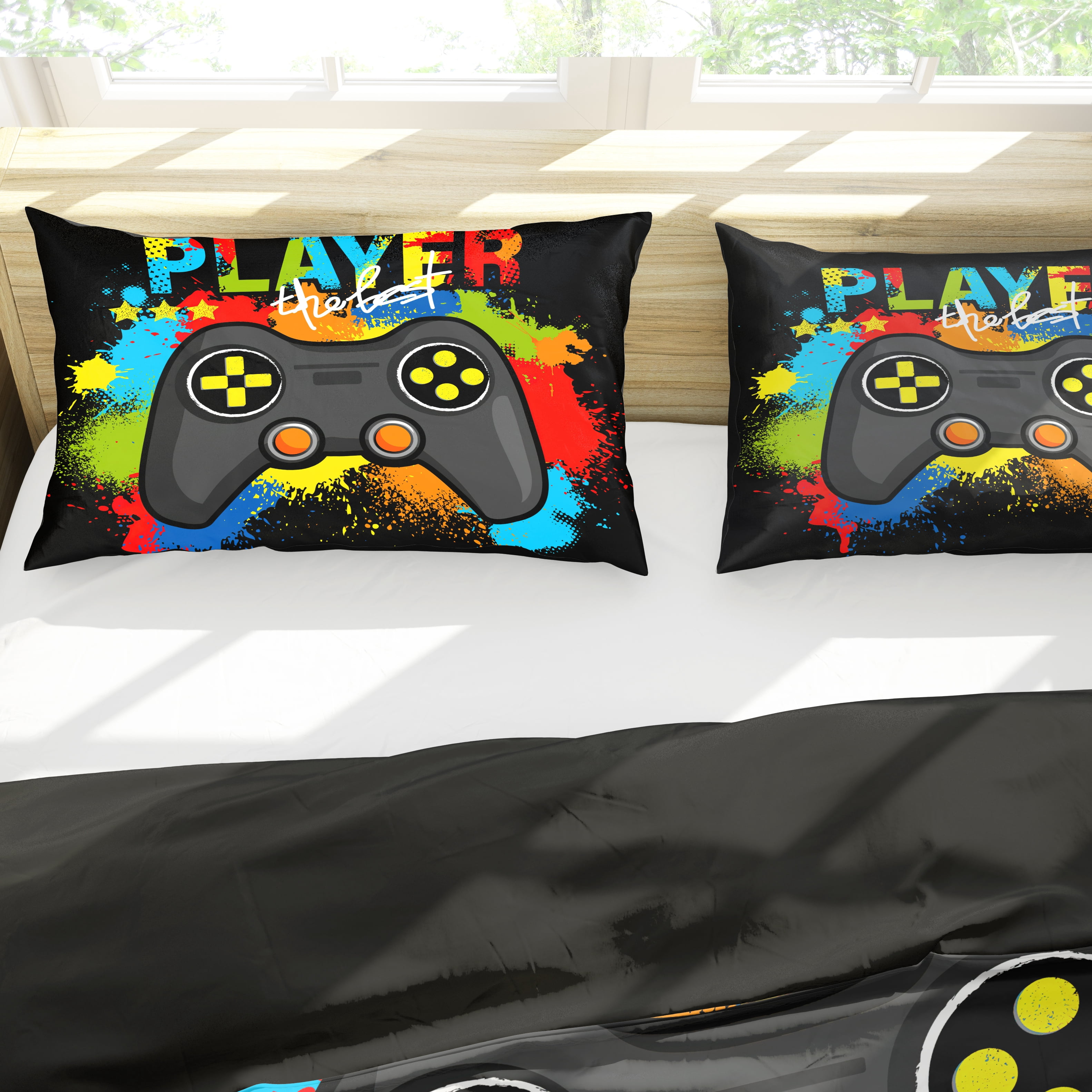 3 Pieces Yellow Gamer Comforter Set for Boys Gaming Bedding Set Queen Size Video Game Controller Colorful Comforter for Kids Adult 3D Gamepad