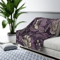 thumbnail image 3 of Purple Sherpa Fleece Blanket, Jacobean Pattern, 3 of 4