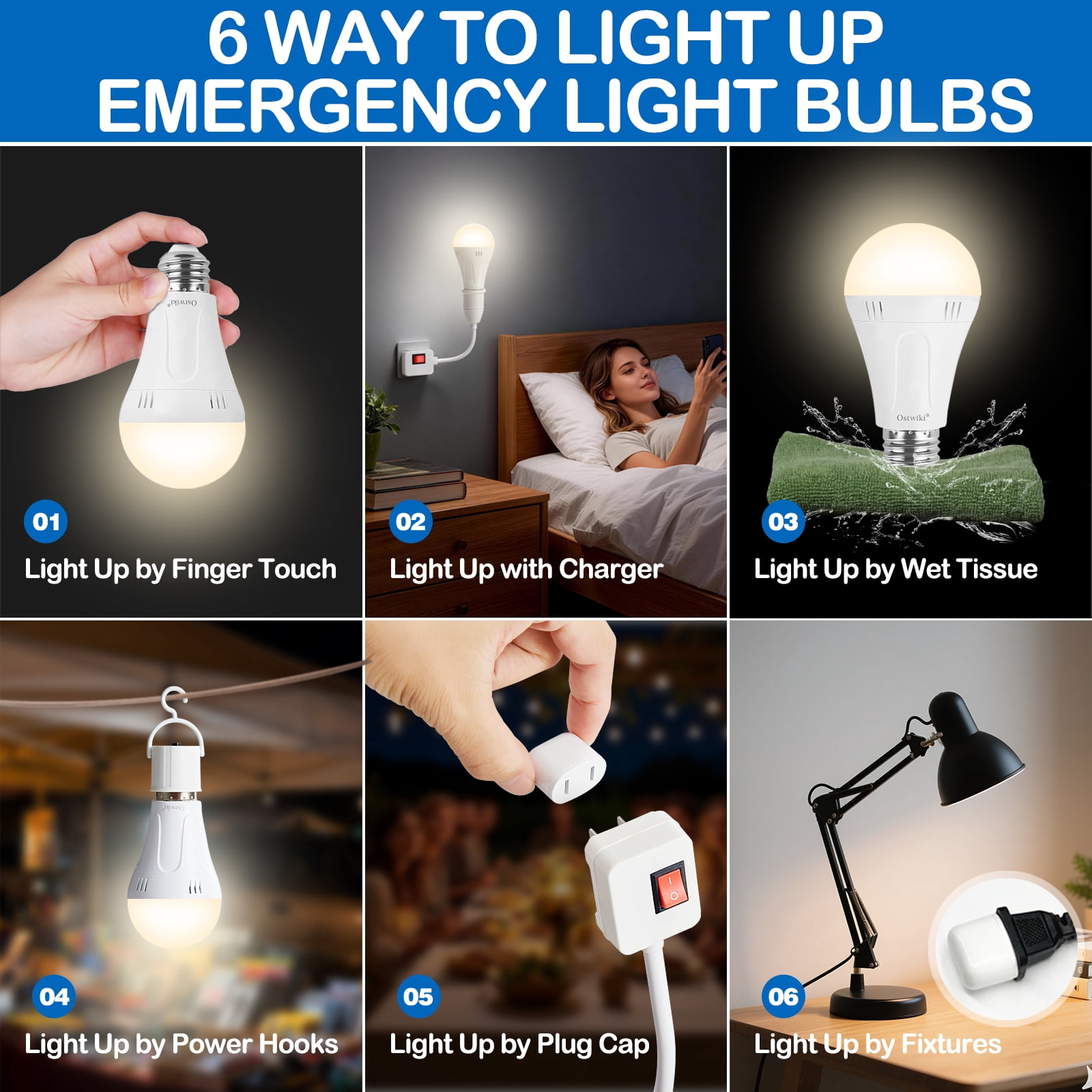 Ostwiki 6 Pack Battery Operated Light Bulb,Emergency Light Bulbs for Power Outage,A19 E26 9W 1200mAh 3000K Warm Rechargeable LED Light Bulbs for Home Lamps，Outdoor Activity,Hurricane,Blizzard,Camping