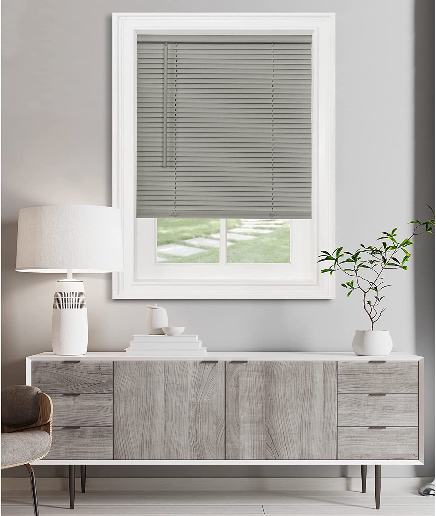 Cordless Light Filtering Mini Blind - 26 Inch Width, 64 Inch Length, 1" Slat Size - Grey - Cordless GII Morningstar Horizontal Windows Blinds for Interior by Achim Home Décor