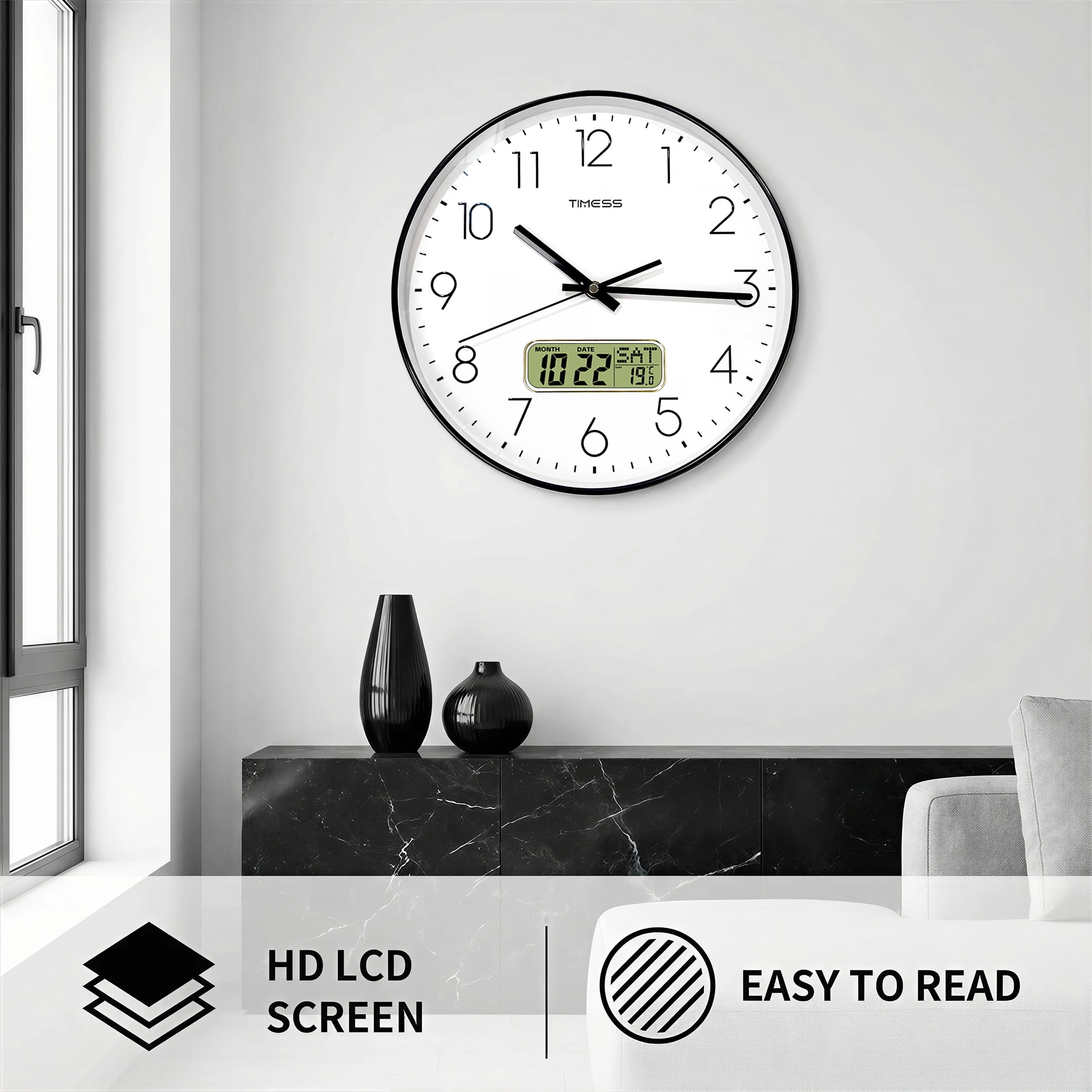TIMESS 14 Inch Silent Wall Clock with Date Display, Large Easy-Read Numbers, Battery Operated, Modern Home Clock (Black)