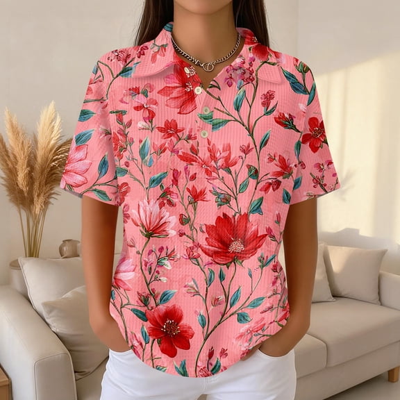 Womens Plus Size Casual Henley Waffle Knit Button-Up Top Short Sleeve Polo Shirt Hawaiian Shirt