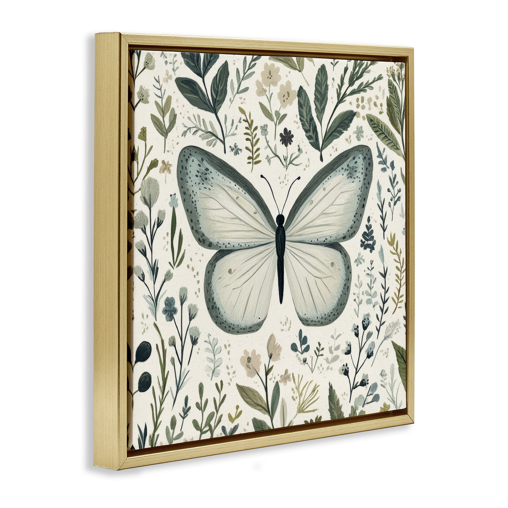 Stupell Industries Dusty Blue Butterfly Botanicals Gold Framed Floater Canvas Wall Art, design by Petal Prints Design